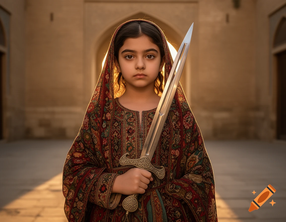 A young girl in ornate, embroidered traditional clothing holds a decorative sword, looking seriously at the viewer in a sunlit arched stone hallway.