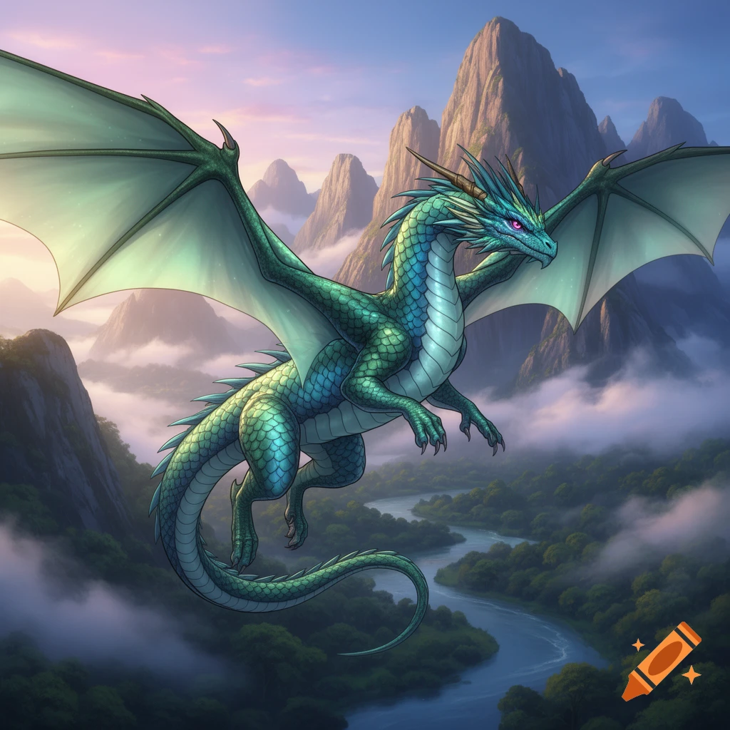 A majestic green and blue dragon with large wings soars above a lush, misty valley with rivers and towering mountains under a twilight sky, in an anime style.