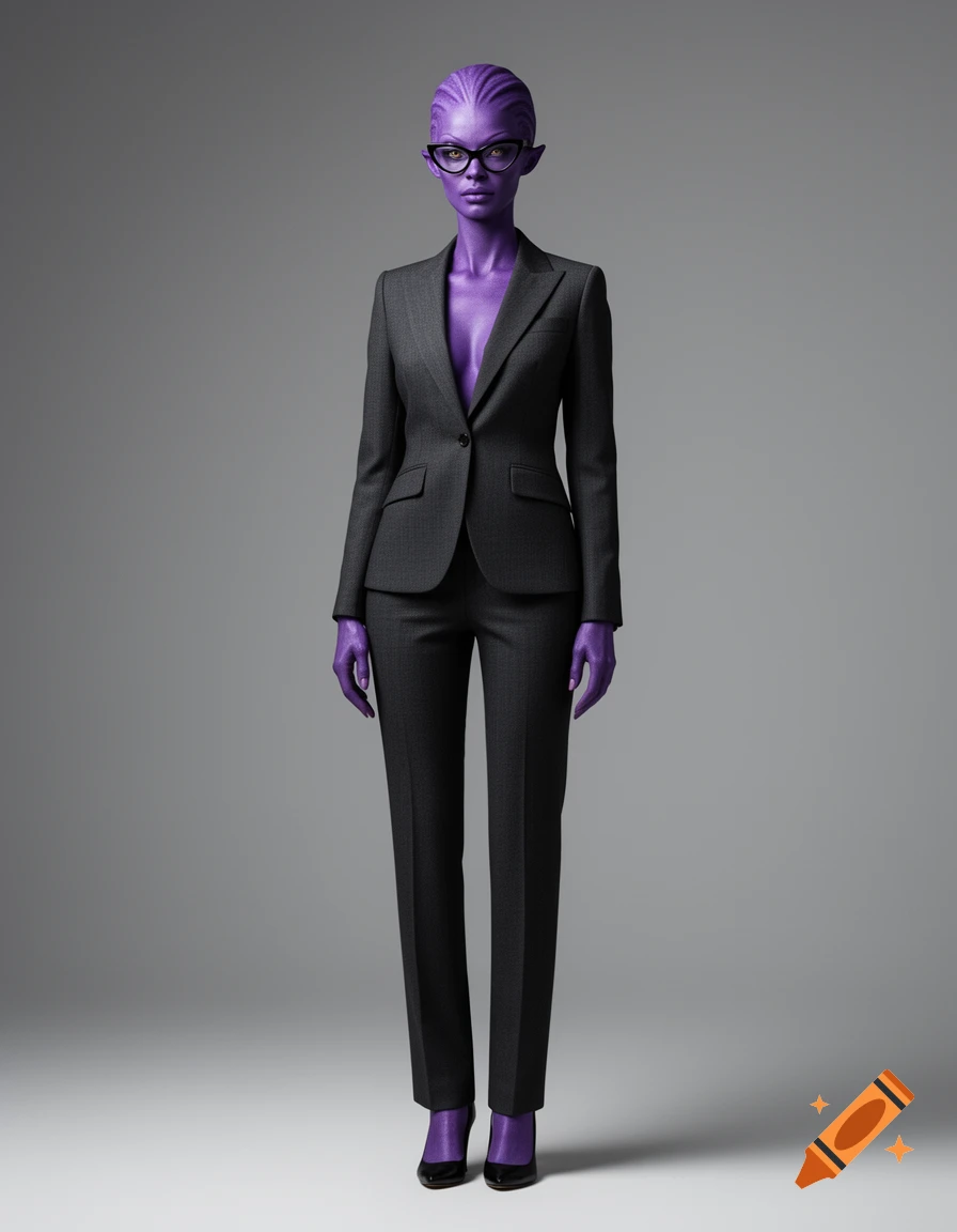 Photorealistic full-body portrait of a purple-skinned alien woman with cat-eye glasses, standing in a professional business suit.