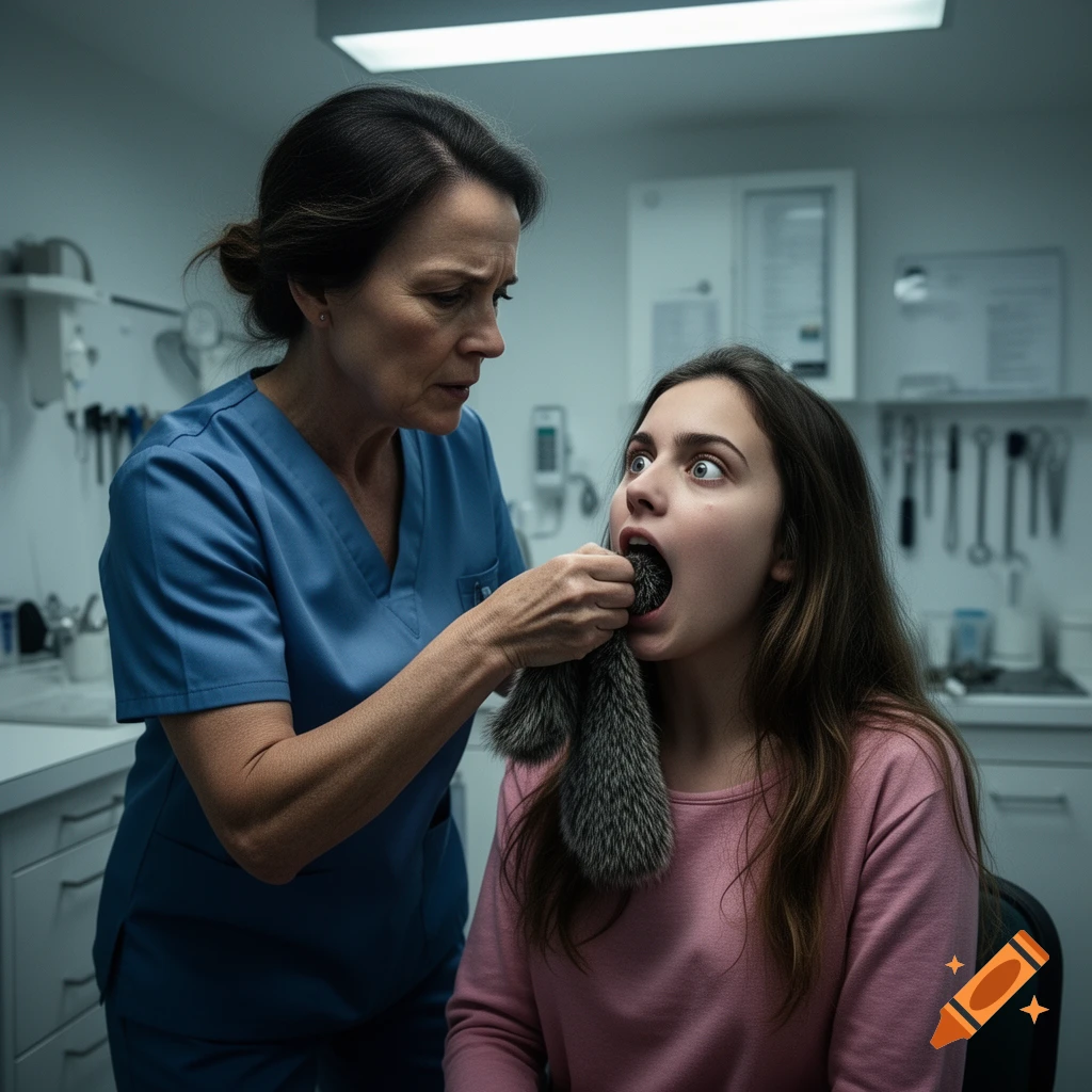 A female doctor in blue scrubs places a furry gray object into a young woman's open mouth, whose eyes are wide with distress, in a medical exam room.