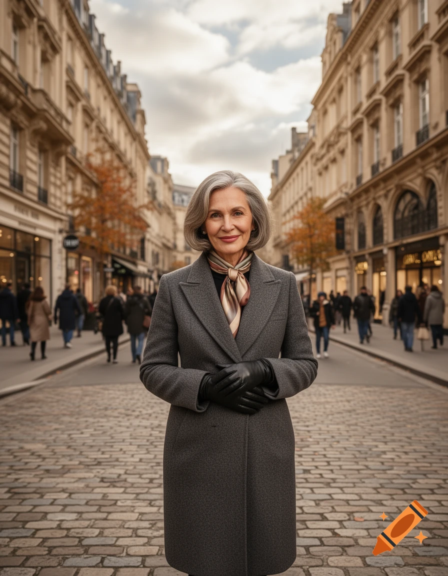A stylish older woman with gray hair, wearing a gray coat and black gloves, smiles on a cobblestone street lined with buildings.