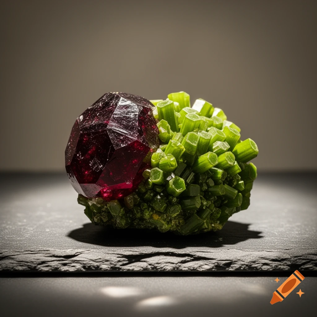 A faceted dark red garnet crystal rests on a cluster of bright green hexagonal pyromorphite crystals, on a dark slate surface.