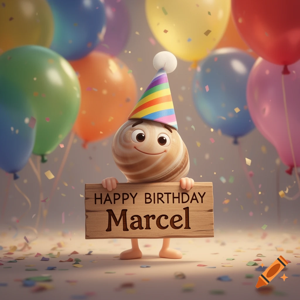 A 3D cartoon of Marcel the Shell wearing a birthday hat, holding a sign "HAPPY BIRTHDAY Marcel", surrounded by balloons and confetti.