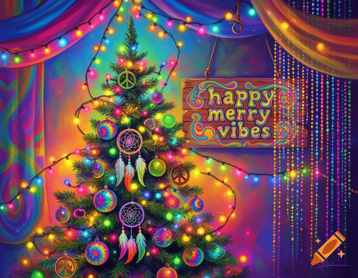 A vibrant, psychedelic Christmas tree with colorful fairy lights, peace signs, and dream catcher ornaments, next to a sign saying 'happy merry vibes'.