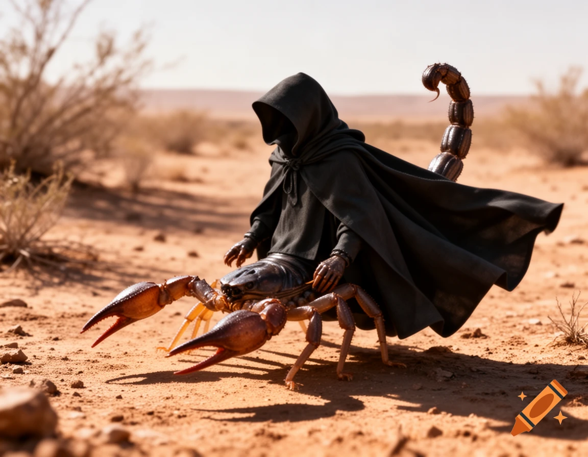 A dark cloaked figure rides a large, detailed scorpion across a sandy desert under a bright sky.