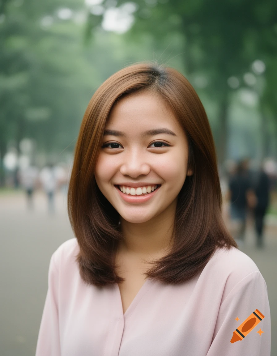A young Indonesian woman with shoulder-length brown hair smiles broadly at the camera in a blurry outdoor setting.