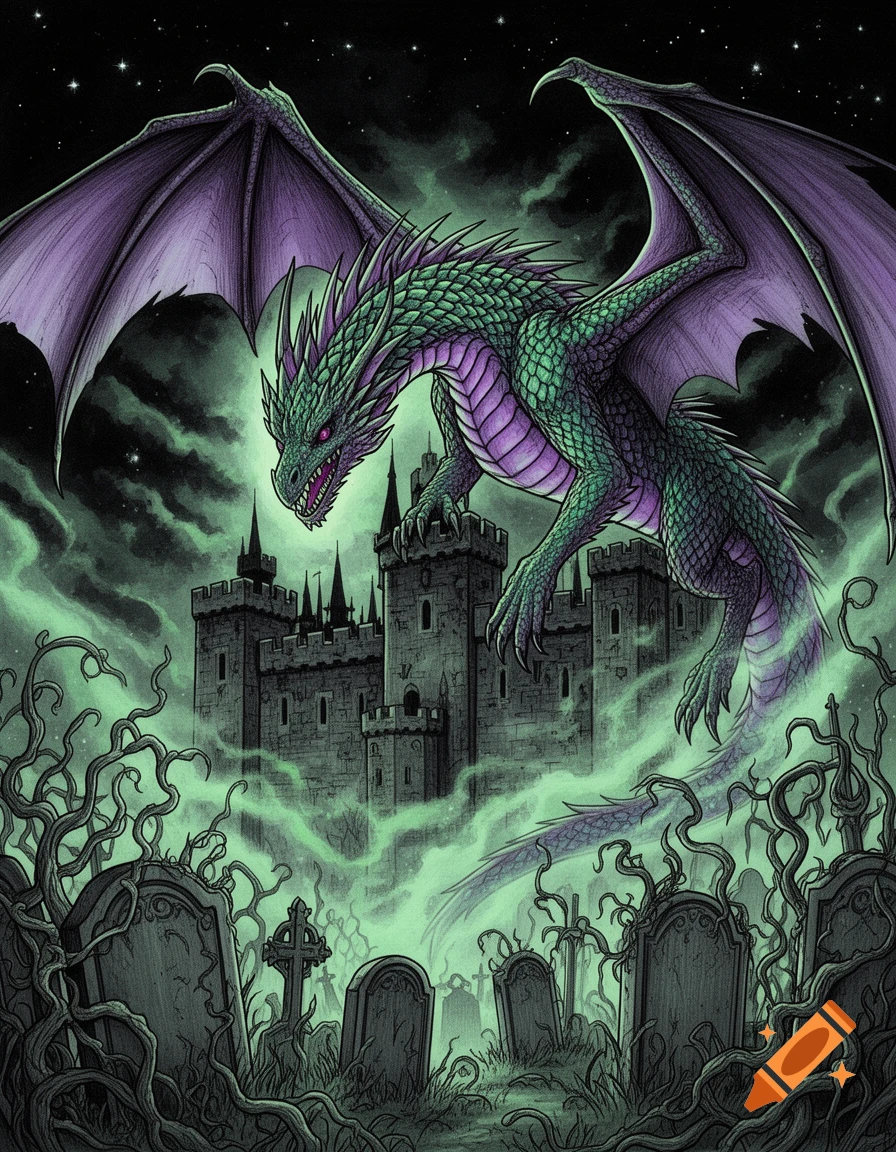 A green and purple dragon with open wings flies over a haunted castle and graveyard at night, in a detailed drawing style.