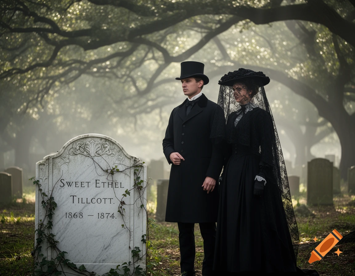 A grieving Victorian couple in black stands before a white tombstone in a misty, tree-lined graveyard.