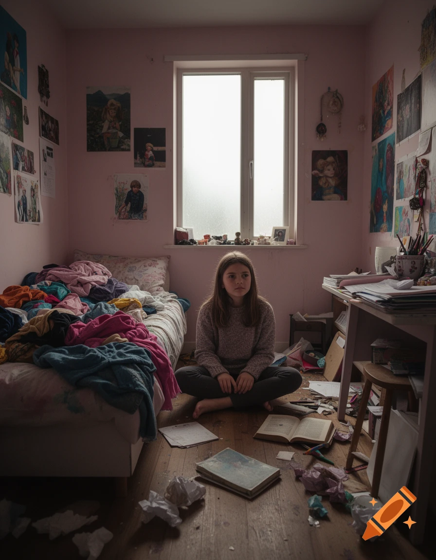 A young girl sits alone on the floor of a very messy, pink-walled bedroom, looking contemplative.