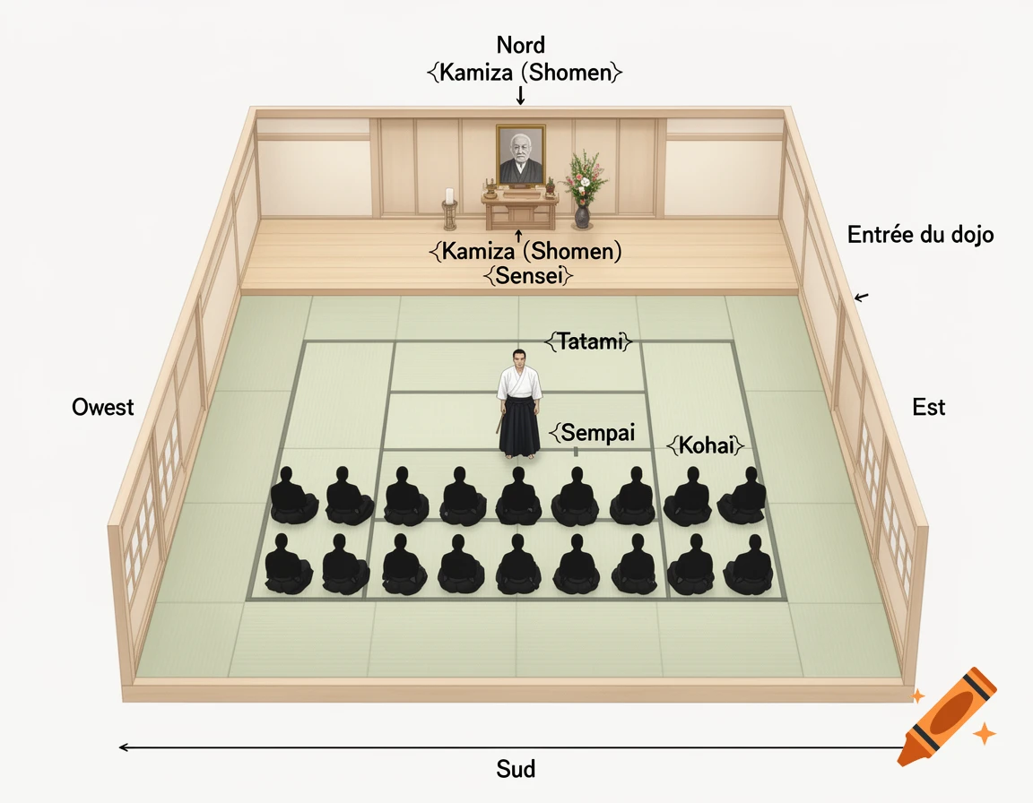 A pedagogical diagram of a Japanese Aikido dojo showing the layout, Sensei, Sempai, Kohai, Tatami, Kamiza, dojo entrance, and cardinal directions, in a clean, minimalist style.