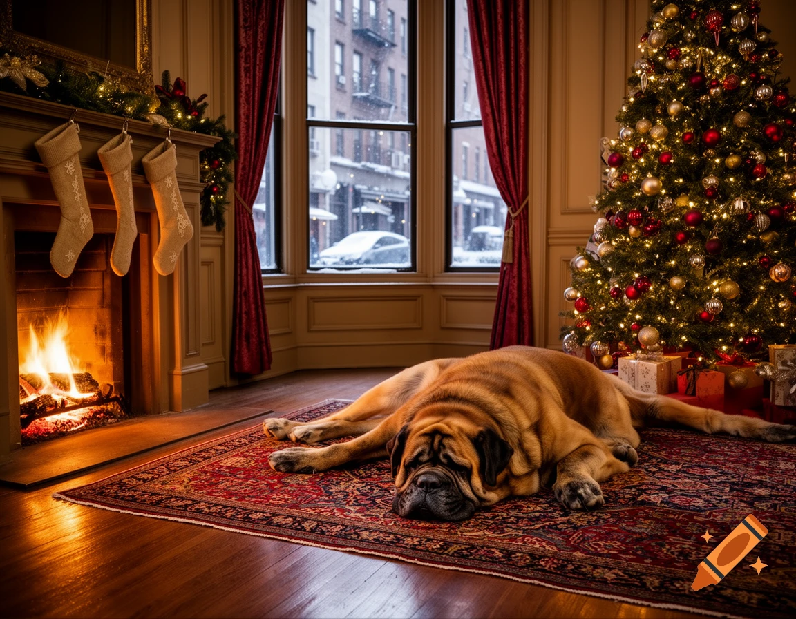 An English Mastiff dog sleeps on a rug by a lit fireplace and a decorated Christmas tree in a cozy room.