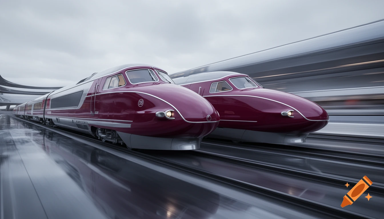 Two photorealistic crimson and silver high-speed trains speed on tracks under a cloudy sky.