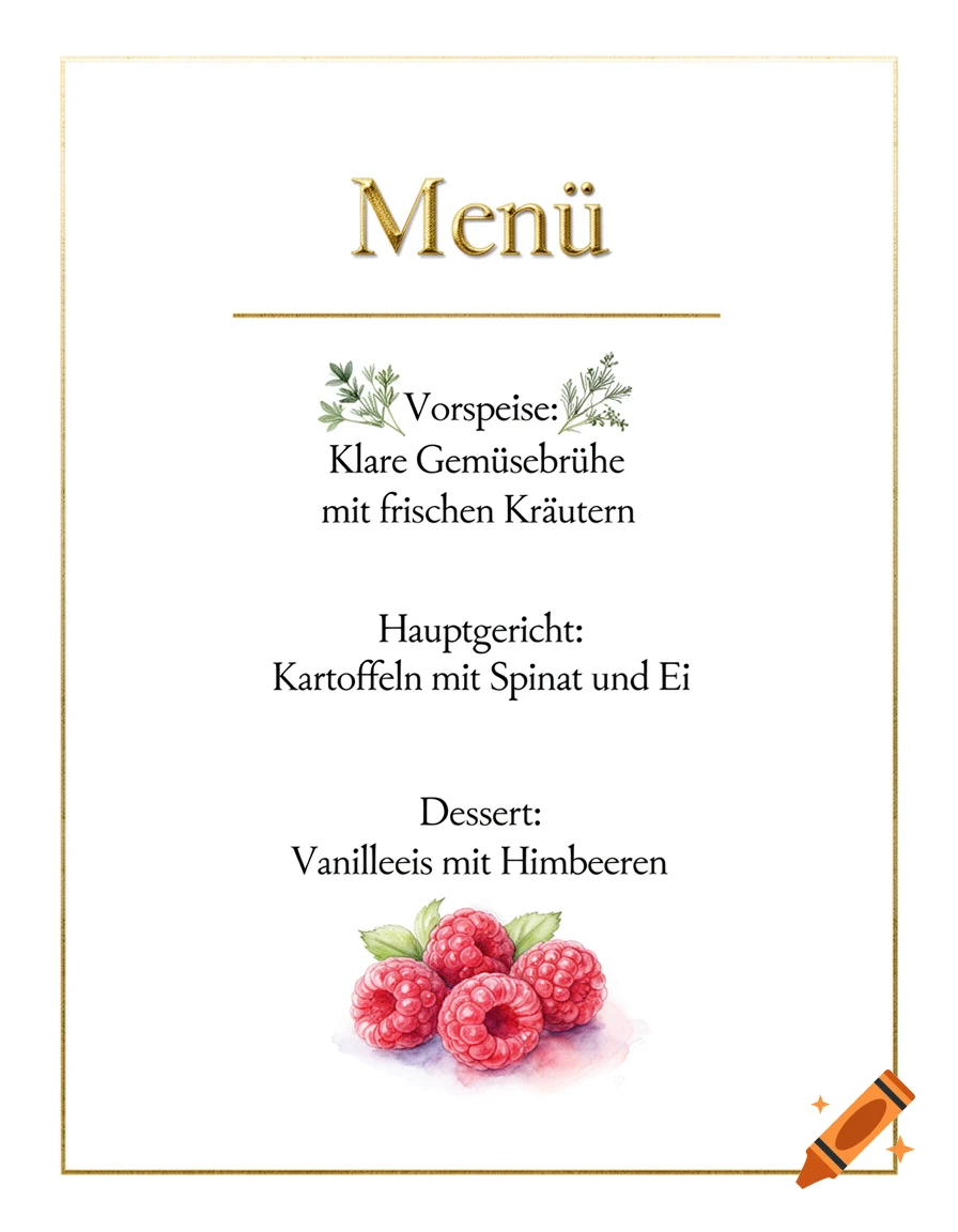 An elegant German menu card with a gold border, featuring text for a three-course meal and watercolor illustrations of herbs and raspberries.