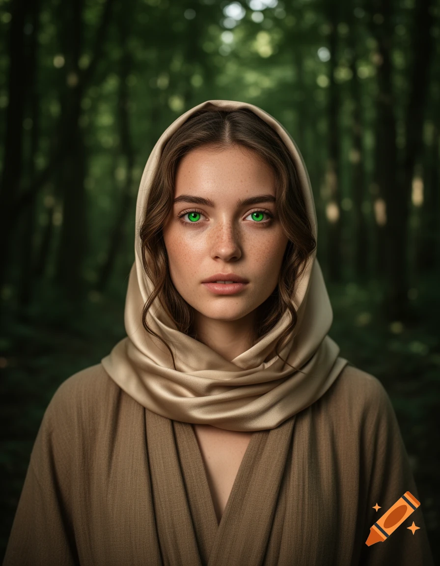 A photorealistic portrait of a young woman with luminous green eyes, wearing a beige headscarf and a brown robe, standing in a forest.