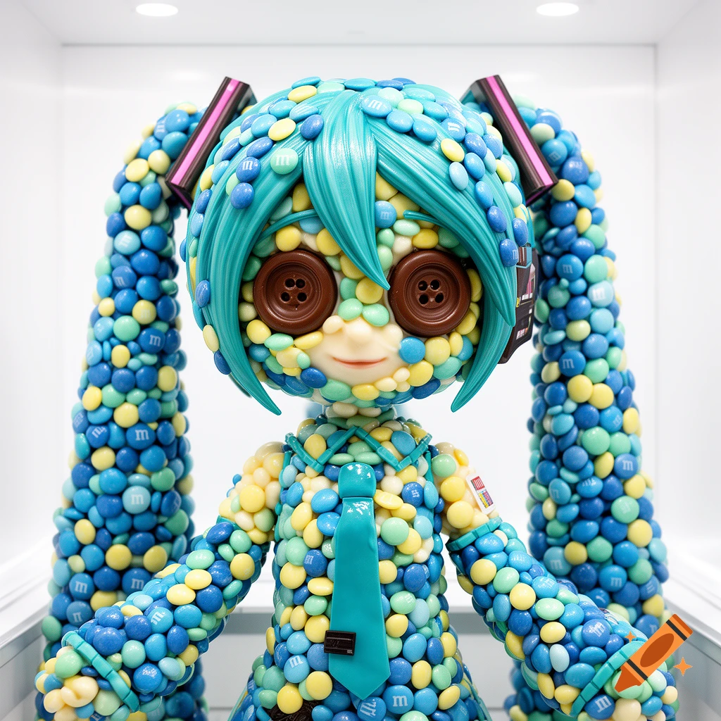 A photorealistic figure of Hatsune Miku made entirely of blue, yellow, and green M&M candies.