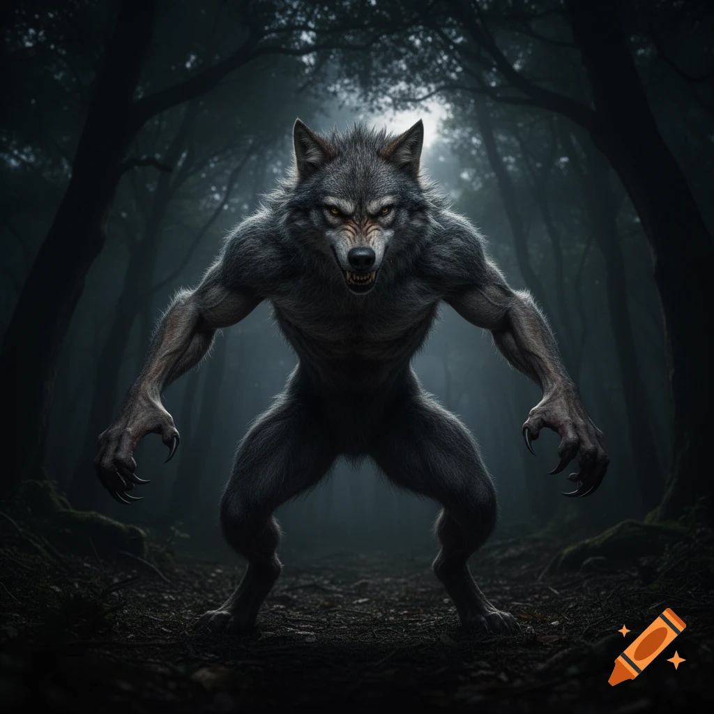 An enraged, muscular werewolf with glowing eyes stands ready to fight in a dark, misty forest.