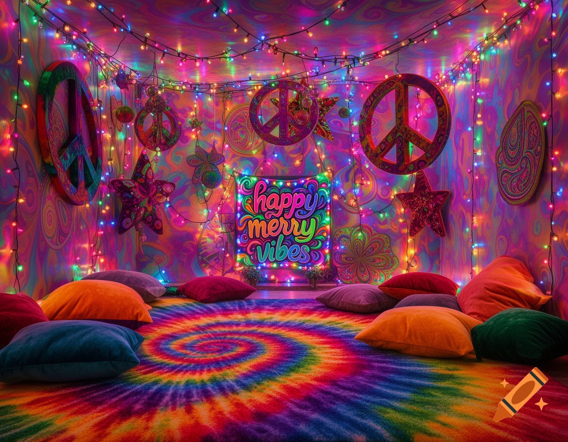 A vibrant, psychedelic room with a tie-dye rug, peace signs, colorful string lights, and a 'happy merry vibes' sign.