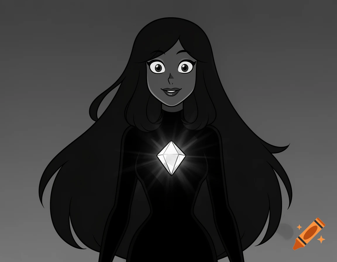 A monochrome cartoon character with long dark hair, dark skin, and a glowing diamond on her chest, in Steven Universe style.