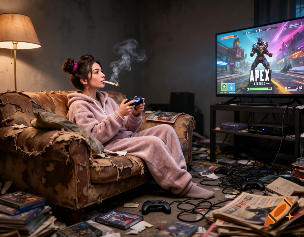 A woman with space buns smokes a joint while playing Apex Legends on a TV, sitting on a worn-out couch in a messy room.