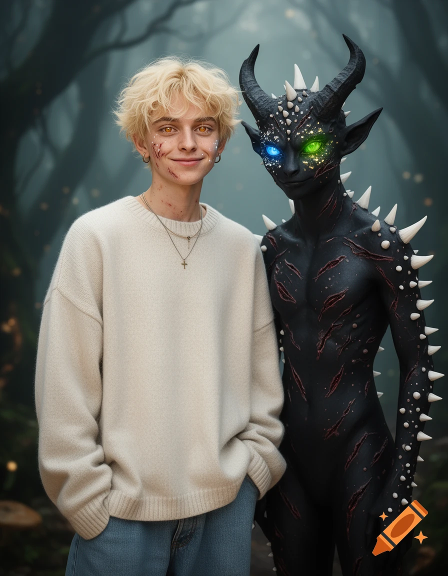 A young man with blonde hair and golden eyes stands next to a black spined demon with glowing blue and green eyes in a foggy forest.