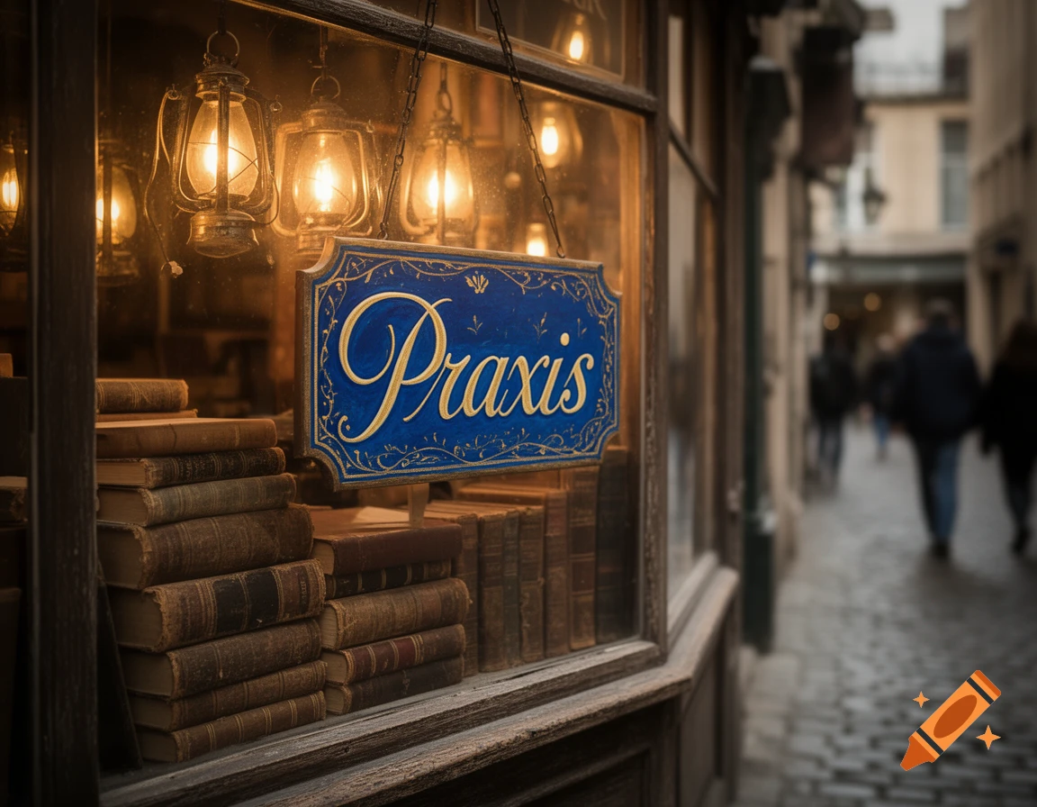 A cozy shop window with a blue 'Praxis' sign, stacked antique books, and glowing lanterns, with a blurry street scene outside.