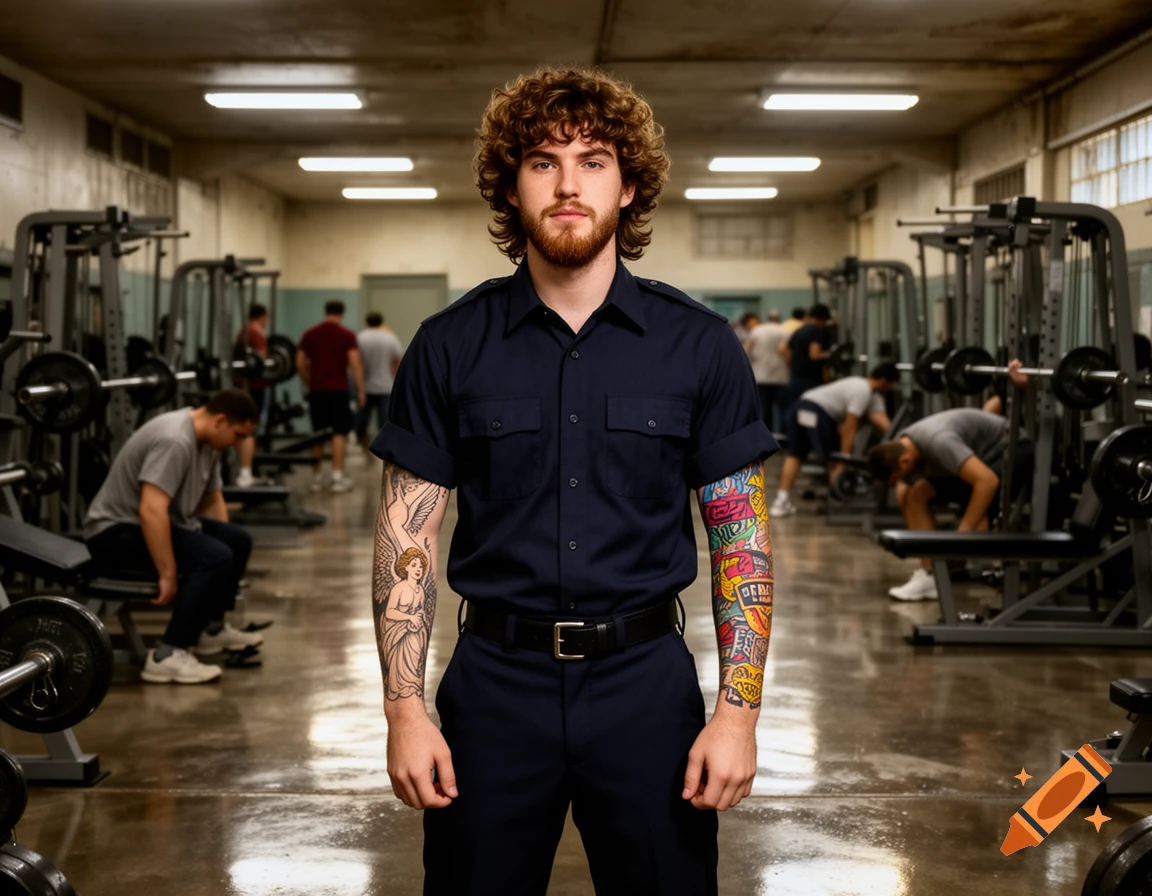 A curly-haired man with a beard and tattoos on both arms stands in a prison gym.