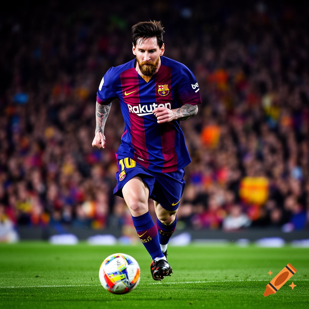 Bearded Lionel Messi in a blue and red FC Barcelona jersey dribbling a soccer ball on a green field in a stadium.