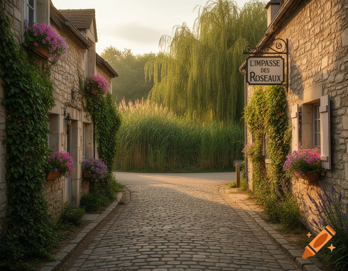 Photorealistic view of a cobblestone lane between ivy-covered stone buildings with pink flowers, leading to lush greenery under soft light, with a sign 'L'IMPASSE DES ROSEAUX'.
