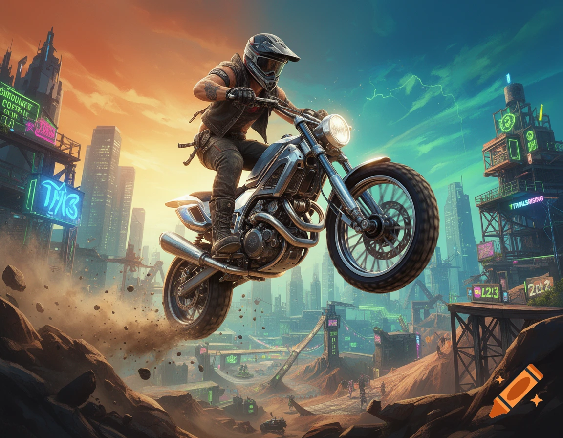 A motorcyclist in a helmet and gear jumps a dirt bike over a futuristic city filled with neon signs under an orange and blue sky.
