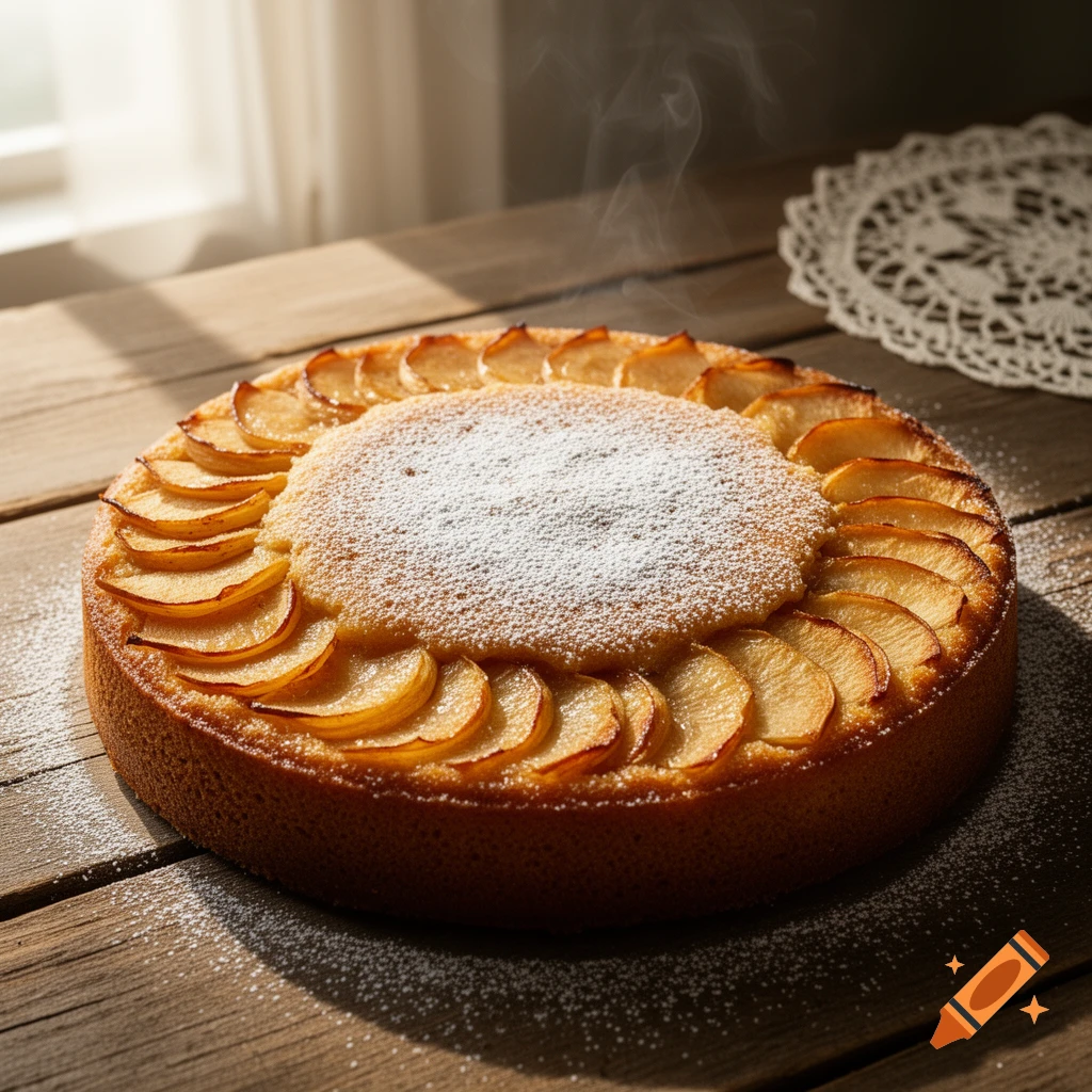 Warm apple cake topped with sliced apples and powdered sugar, steaming on a rustic wooden table by a window.