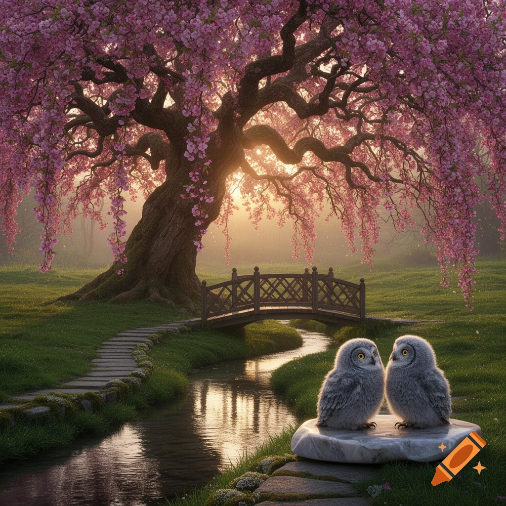 A beautiful landscape with a large cherry blossom tree, a wooden bridge over a stream, and two fluffy baby owls on a rock.