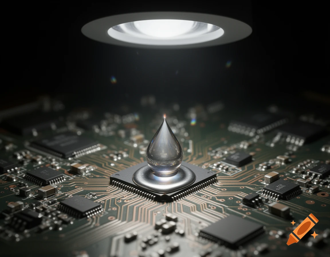 A clear liquid drop stands on a microchip on a green circuit board under a spotlight, photorealistic.