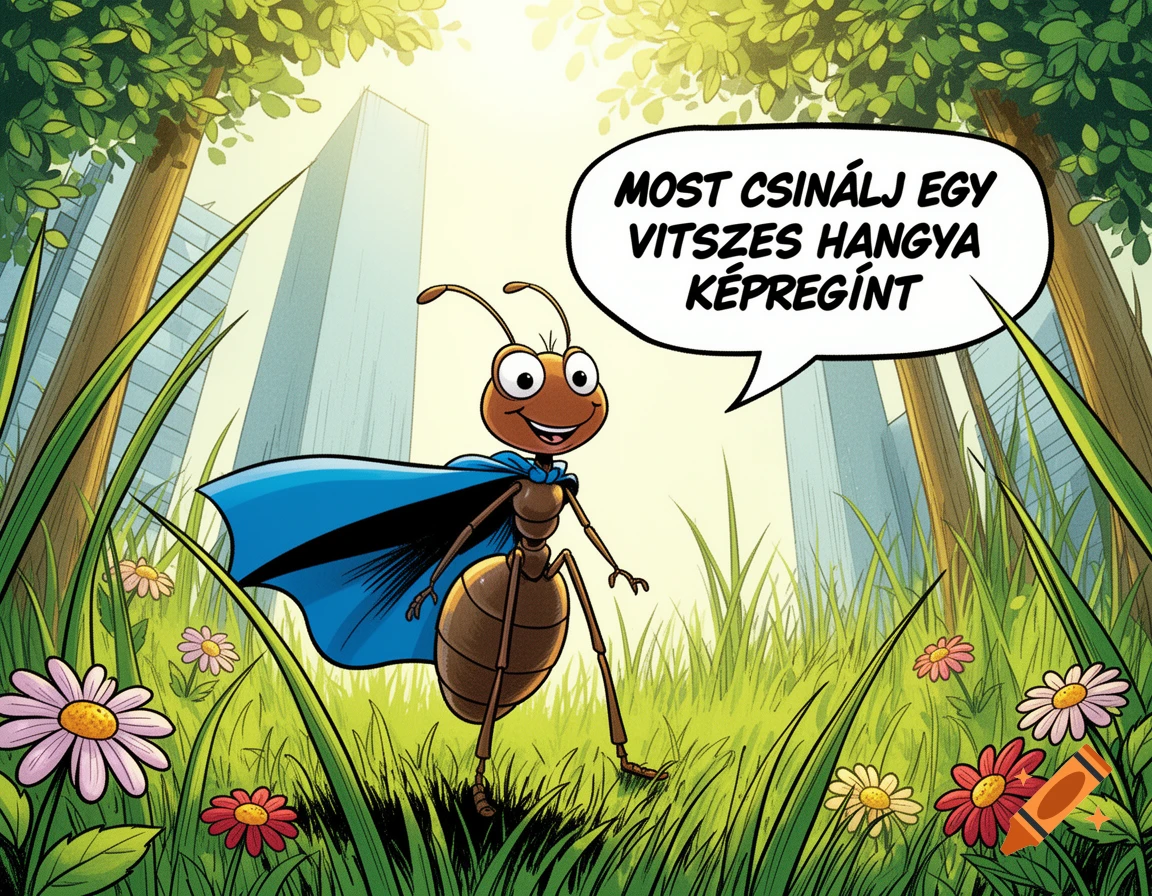 A cartoon ant in a blue cape stands in a grassy field with flowers, looking up at tall city buildings and trees, saying "NOW MAKE A FUNNY ANT COMIC" in a speech bubble.