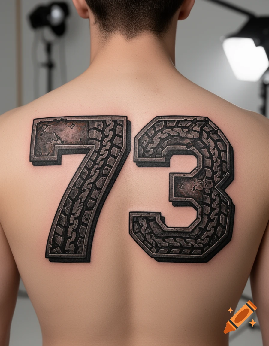 A man's back with a large tattoo of the number 73, designed with a metallic, textured offroad tire tread pattern.