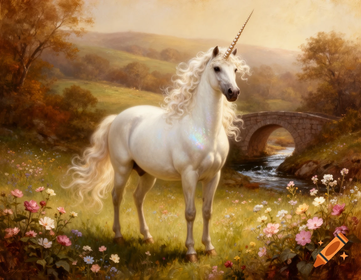 A white unicorn with a golden horn stands in a flower-filled meadow, with a stone bridge and stream behind it, in a classic painting style.