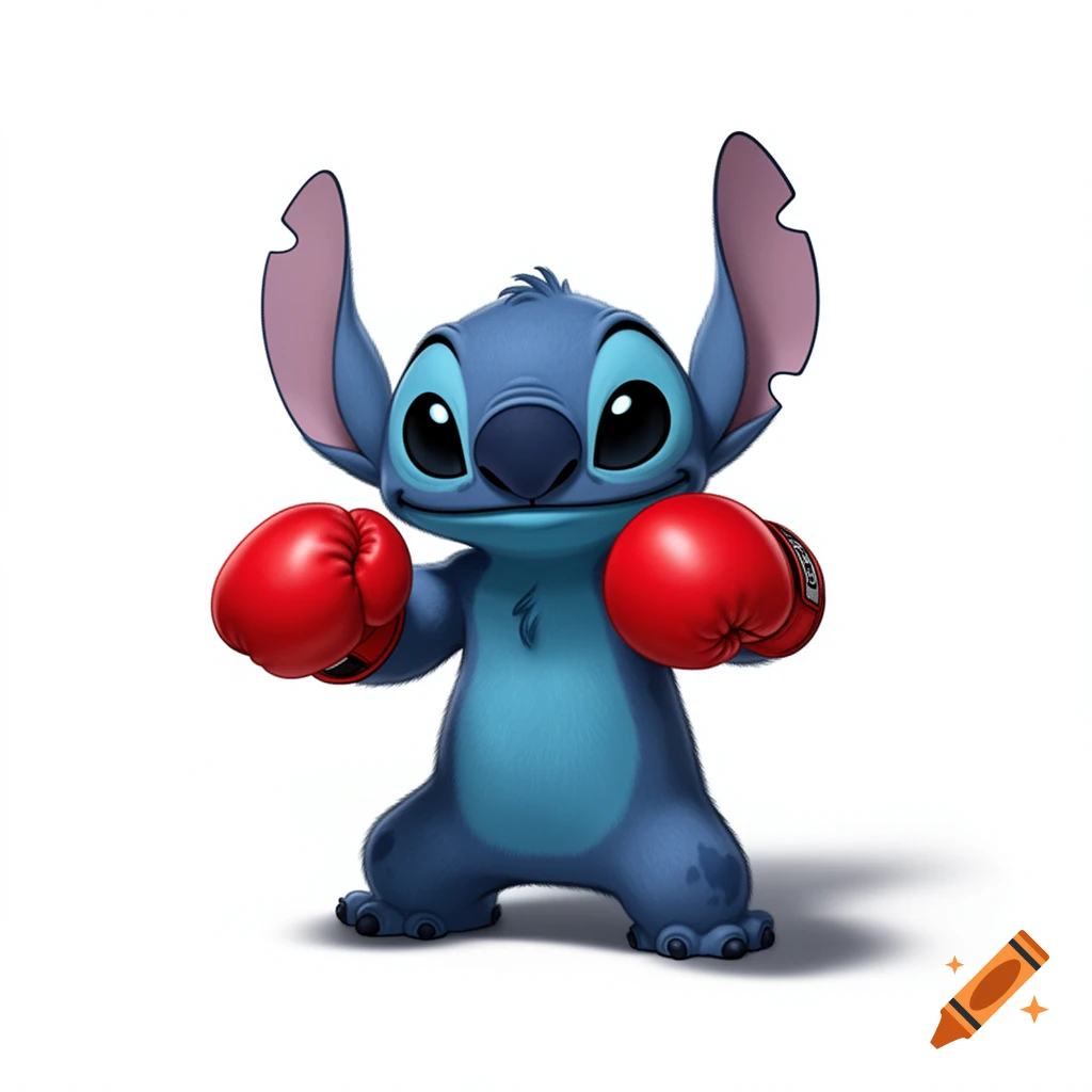 Blue cartoon alien Stitch wearing red boxing gloves, standing in a fighting pose against a white background.
