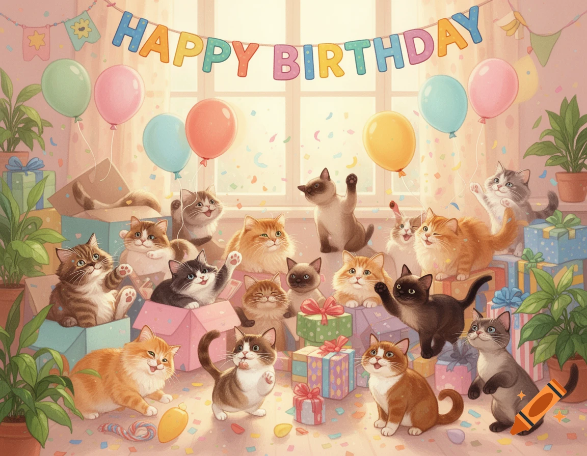Cute cartoon cats celebrating a birthday with gifts, balloons, and confetti scattered around them.