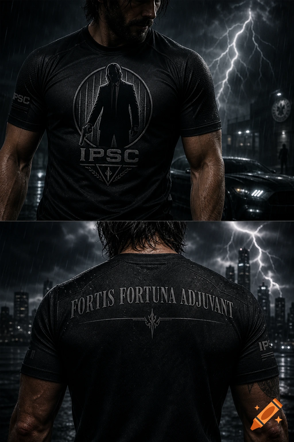 A man in a black 'IPSC' shirt, showing a logo of a man with a gun, stands in the rain at night. The back of the shirt reads 'FORTIS FORTUNA ADJUVANT' against a city skyline with lightning.