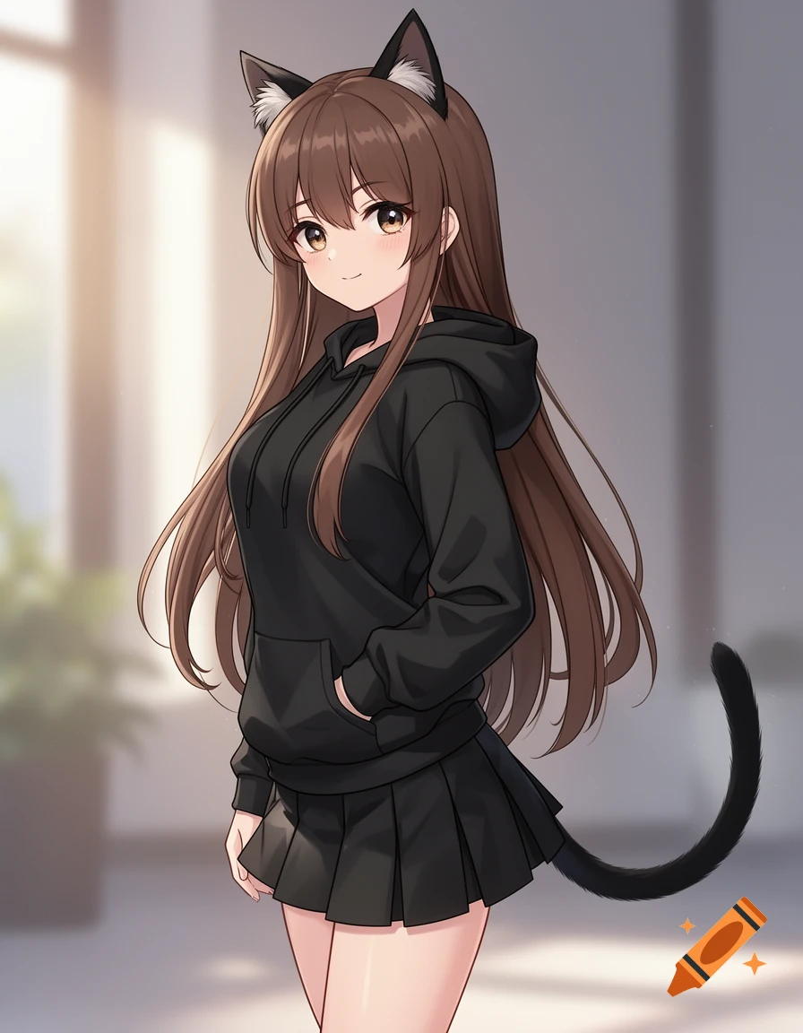 A cute anime catgirl with long brown hair, black cat ears, and a black tail, wearing a black hoodie and short black skirt, smiles warmly.