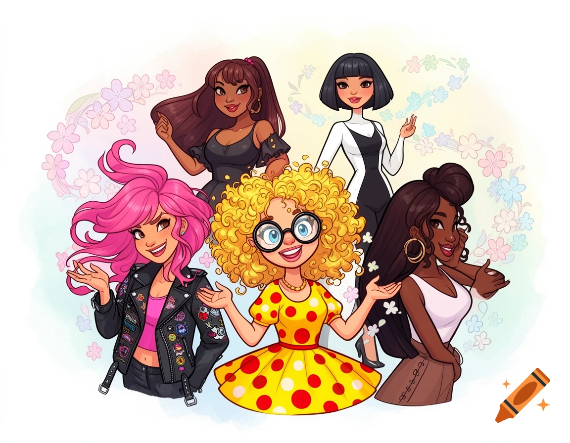 Five diverse cartoon women with different hairstyles and outfits posing happily against a light background with pastel flower outlines.
