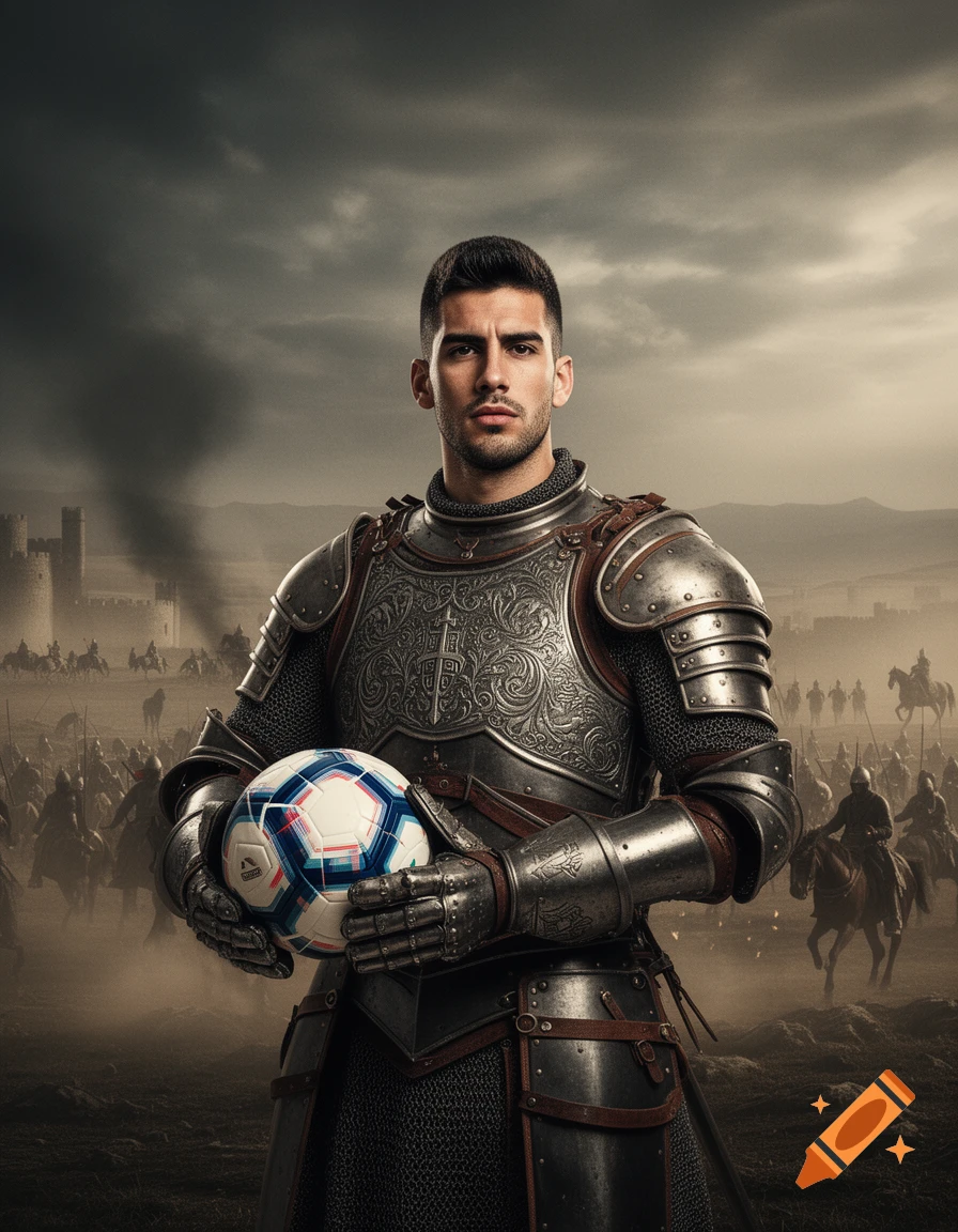 Photorealistic portrait of a man in medieval knight armor holding a soccer ball on an epic battlefield.