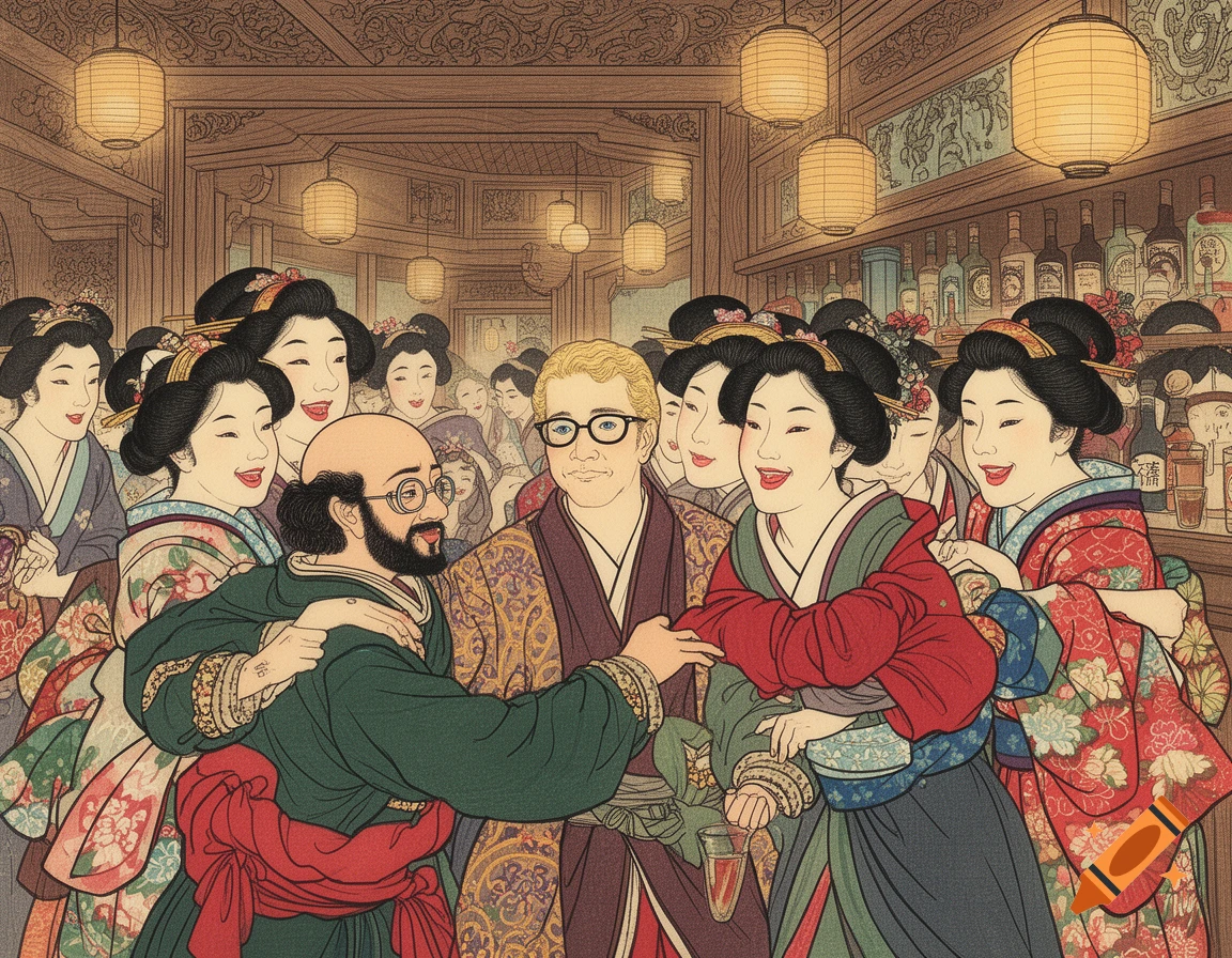 An Edo period style painting of men and women in a Japanese bar, featuring a bald man, a blonde man, and several women in kimonos laughing and embracing.