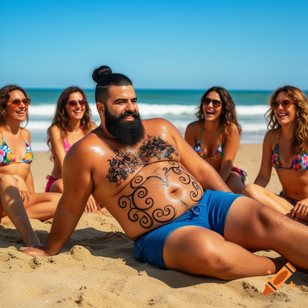 A bearded man with a man bun and body paint on his chest and belly sits on a sandy beach with women in bikinis in the background.