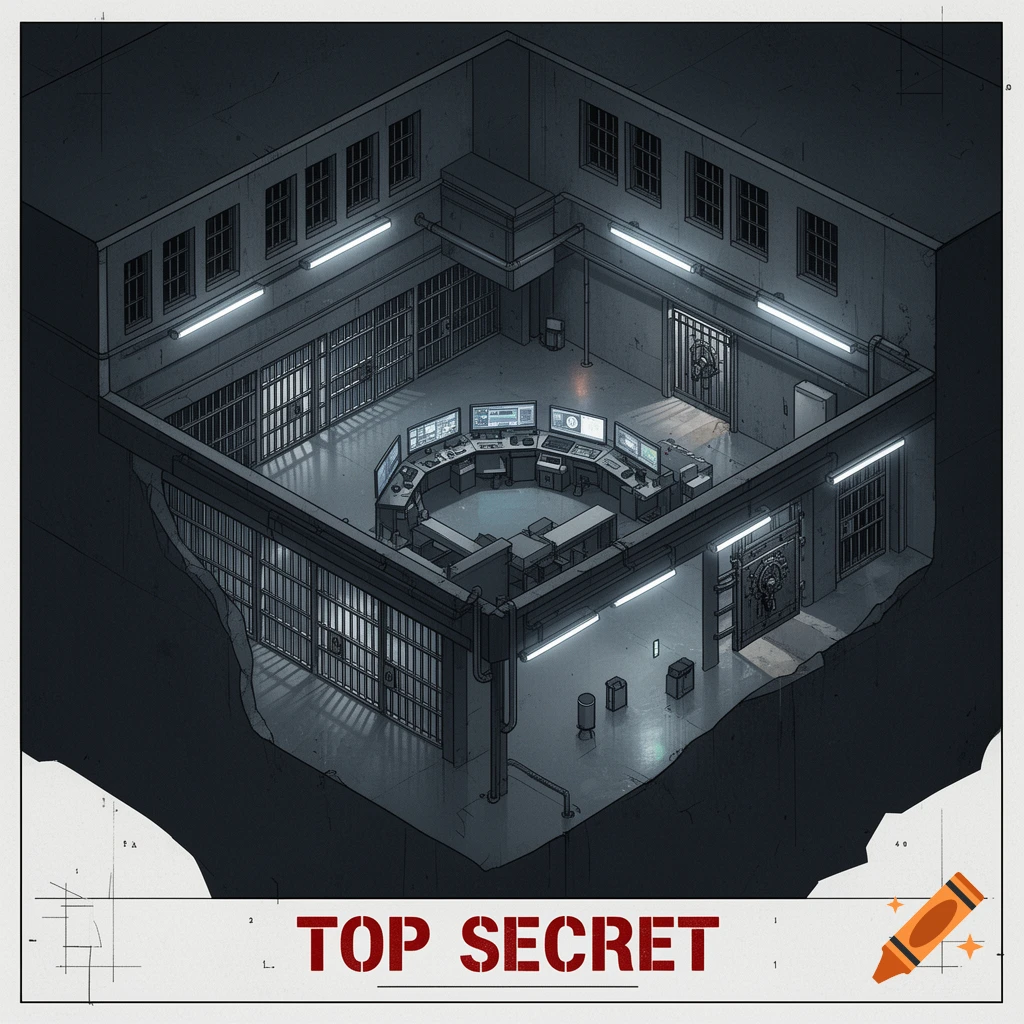 Isometric illustration of a secret prison control room with cell blocks, labeled 'TOP SECRET'.
