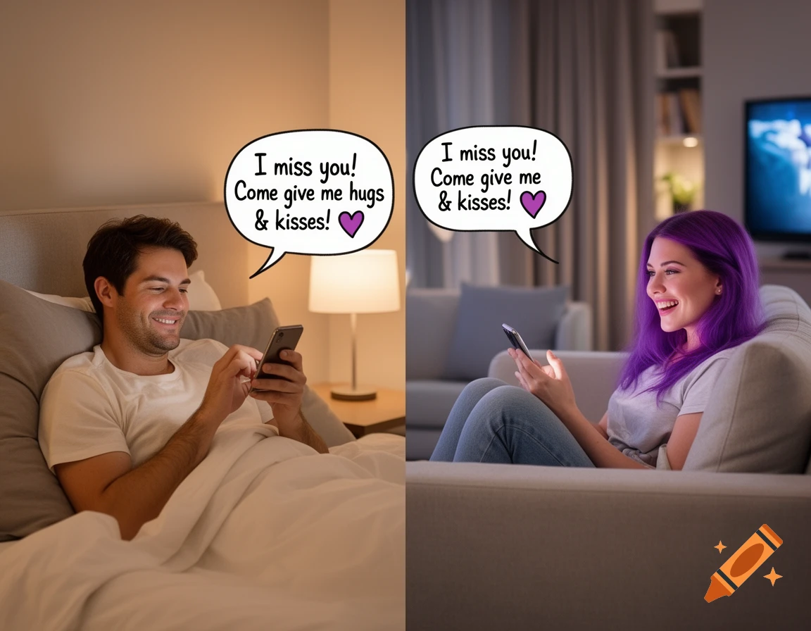 A man in bed and a woman with purple hair on a couch text playful messages to each other, both smiling at their phones.