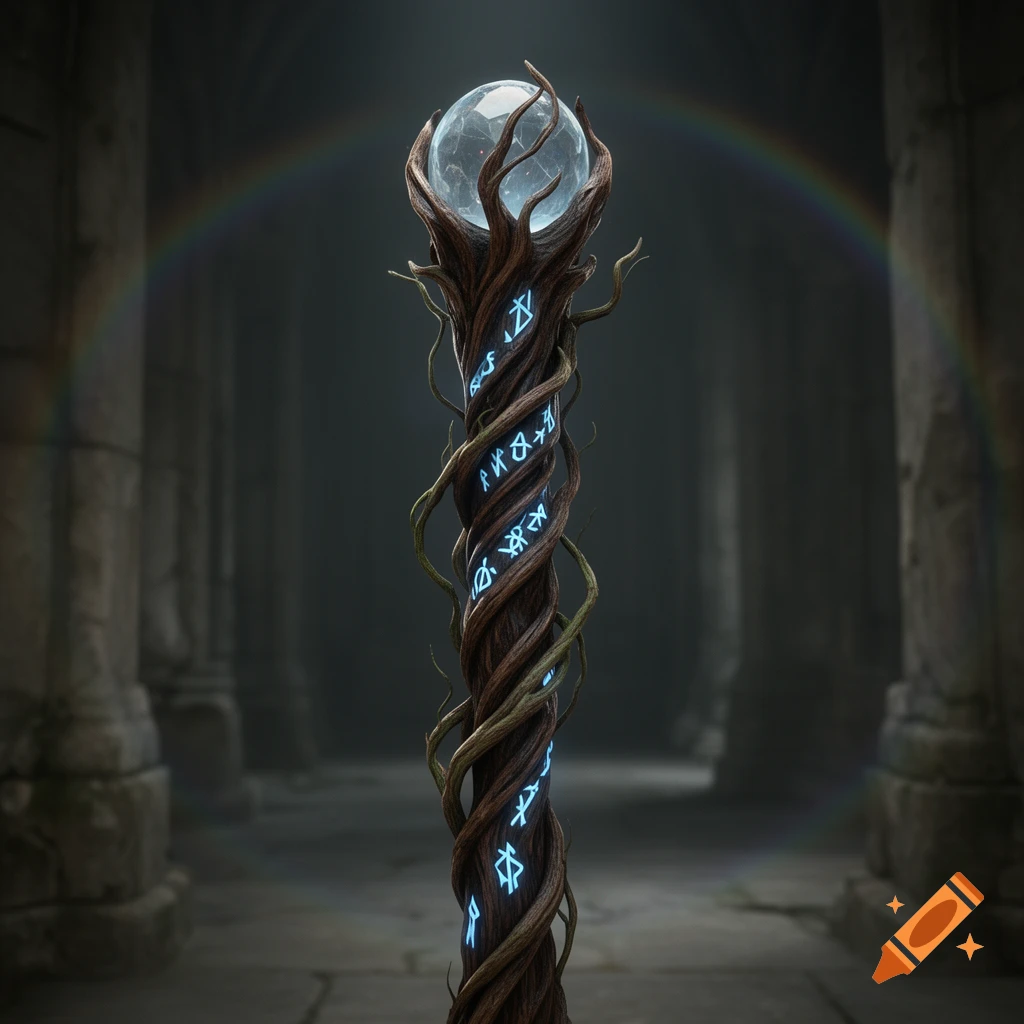 A twisted wooden fantasy magic staff with glowing blue runes and a crystal ball top, in a dark stone hall with a faint rainbow.