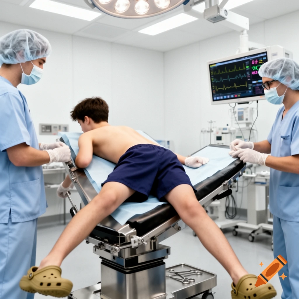 Two medical professionals in scrubs and masks attend to a shirtless male patient, wearing shorts and crocs, lying on an operating table with legs spread in a sterile operating room.