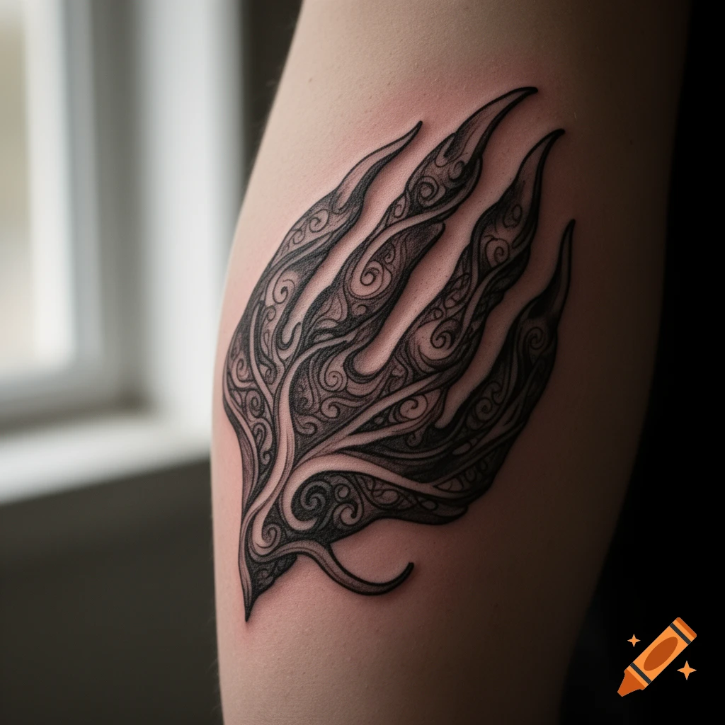 A detailed, black and white intricate claw-like tattoo with swirling patterns on a person's limb.