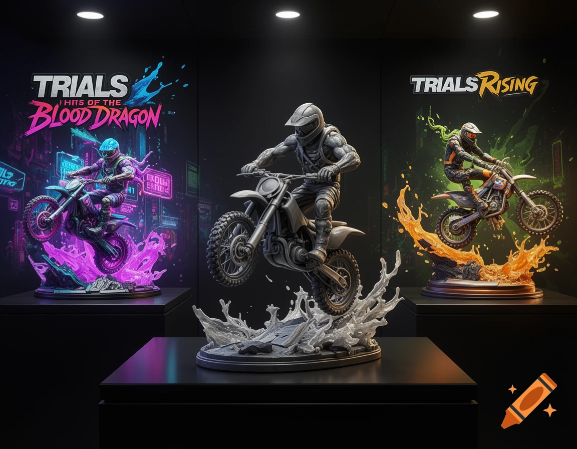 Three stylized statues of motocross riders mid-jump, with game titles 'Trials Hits of the Blood Dragon' and 'Trials Rising' on dark background posters.