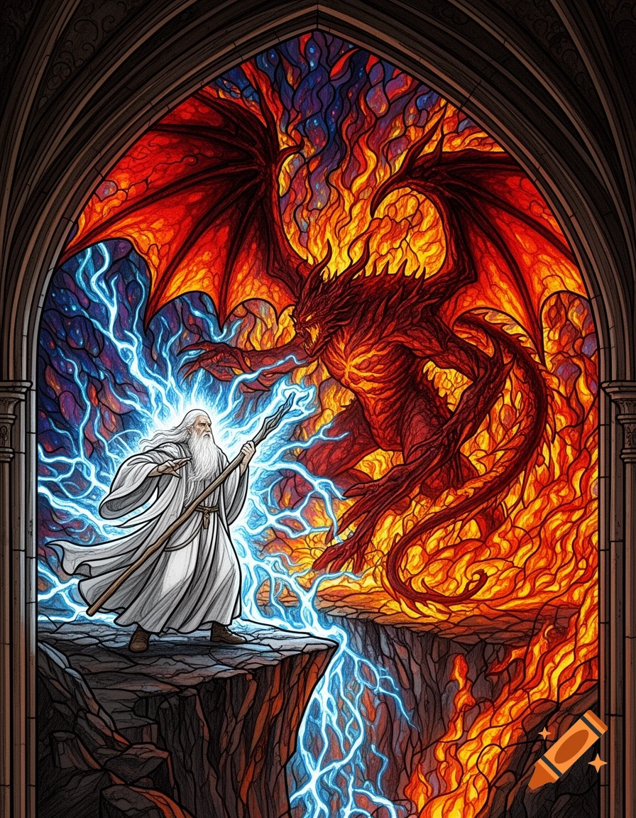 Gandalf battles a fiery Balrog with lightning in a vibrant gothic stained glass window.
